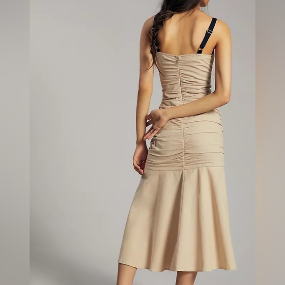 Anthropologie- Atsu linen ruched drop waist hem midi dress- beige & black straps - Picture 3 of 10
